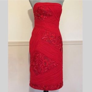 Sue Wong Red Strapless Beaded & Embroidered Dress
